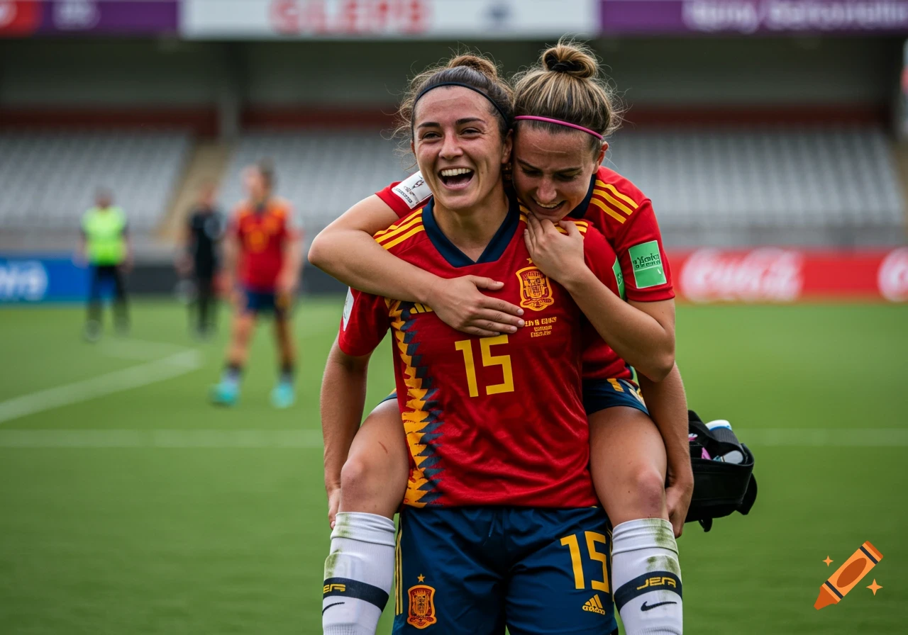 Two smiling Spanish female soccer players on a field, one carrying the other on her back.