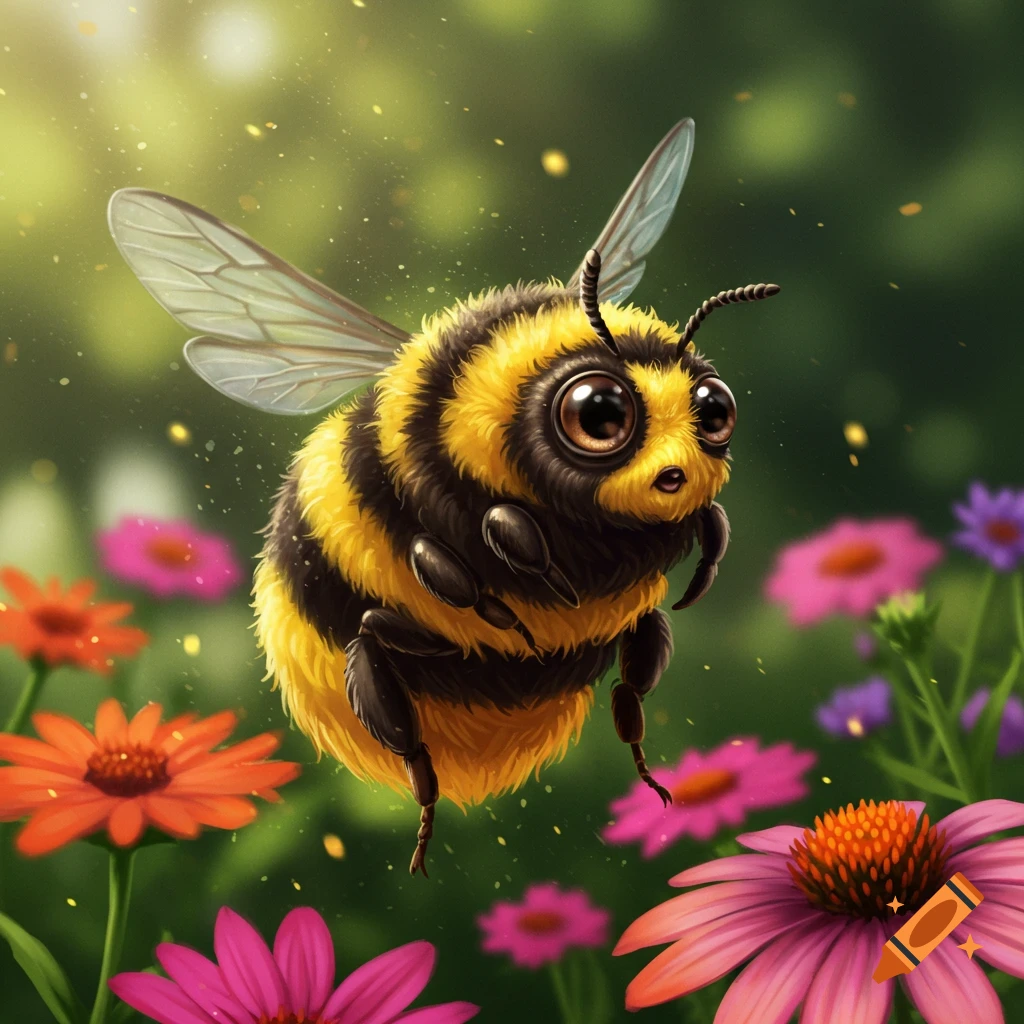 A cute, fluffy cartoon bumblebee with big eyes flies among vibrant pink and orange flowers in a sunny garden.