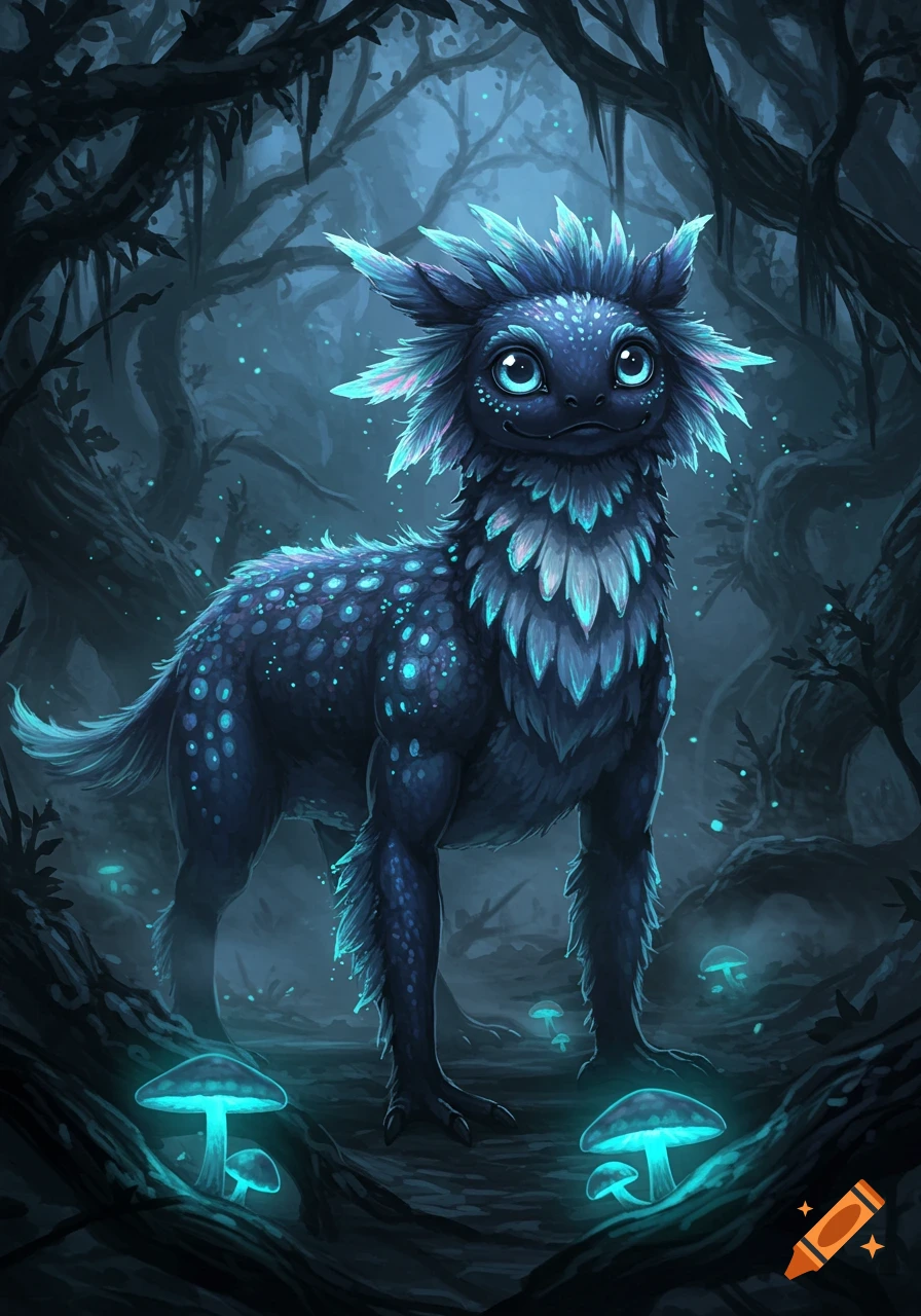A blue glowing fantasy creature with large eyes and spiky fur stands in a dark, misty forest with glowing mushrooms.