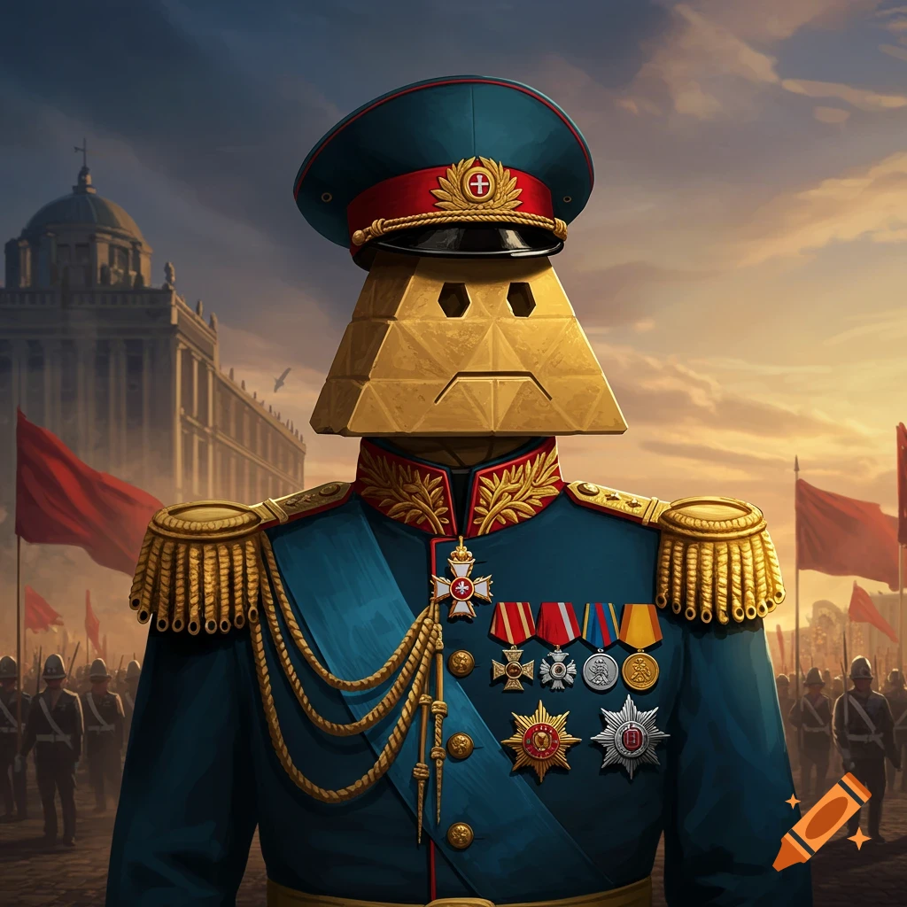 A gold isosceles triangle wearing a decorated blue military general uniform and hat, standing before a grand building and soldiers.