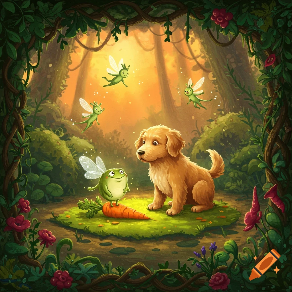 A whimsical illustration of a golden retriever puppy watching a winged frog on a carrot, surrounded by flying fairies in an enchanted forest.