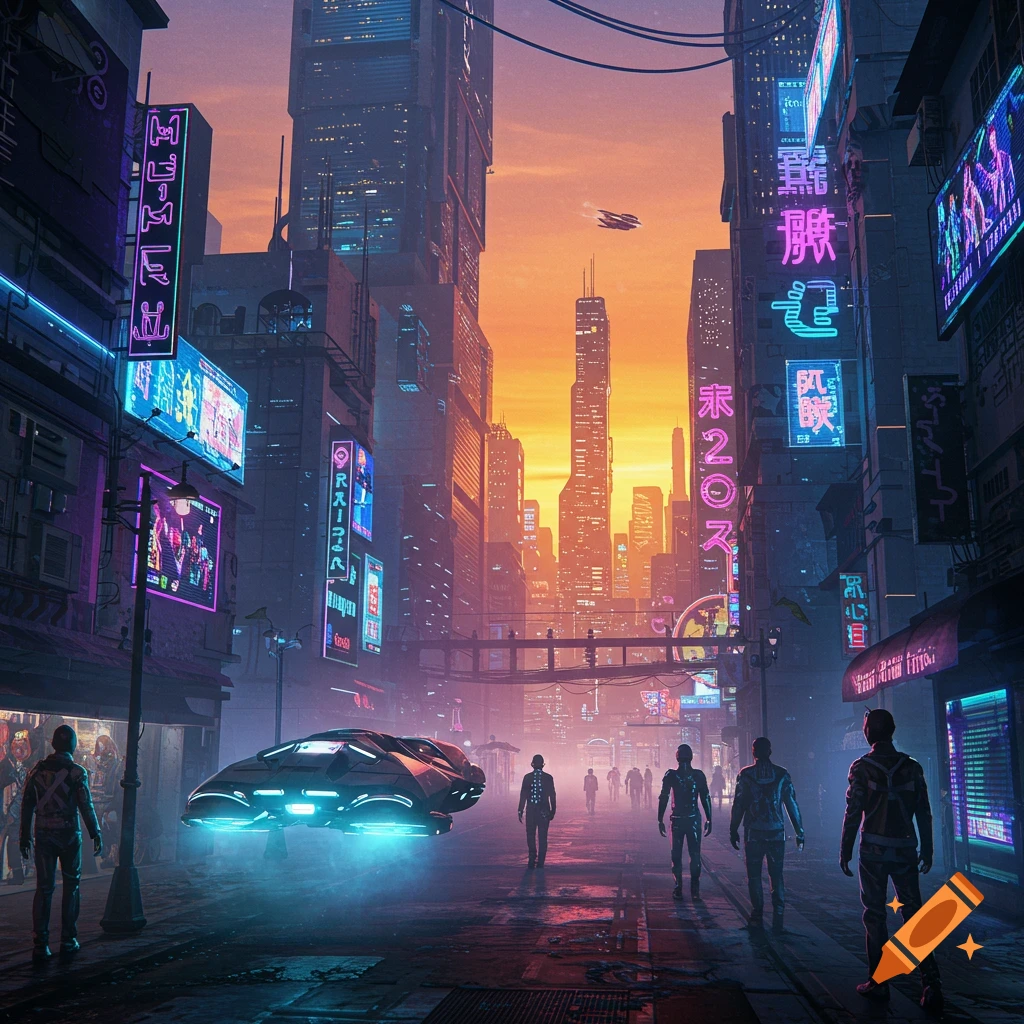 A digitally drawn cyberpunk city at sunset, with neon signs, skyscrapers, a hovering vehicle, and people walking on a wet street.