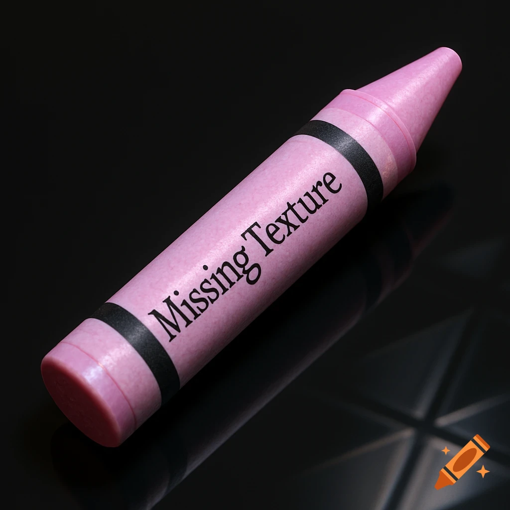 A pink crayon with "Missing Texture" written on its label, lying on a reflective dark surface.