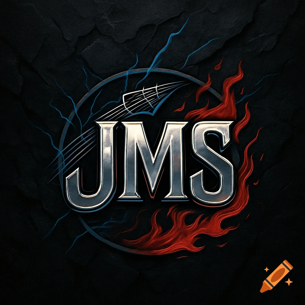 A metallic 'JMS' logo with red flames on the right and blue lightning on the left, set against a dark textured background.