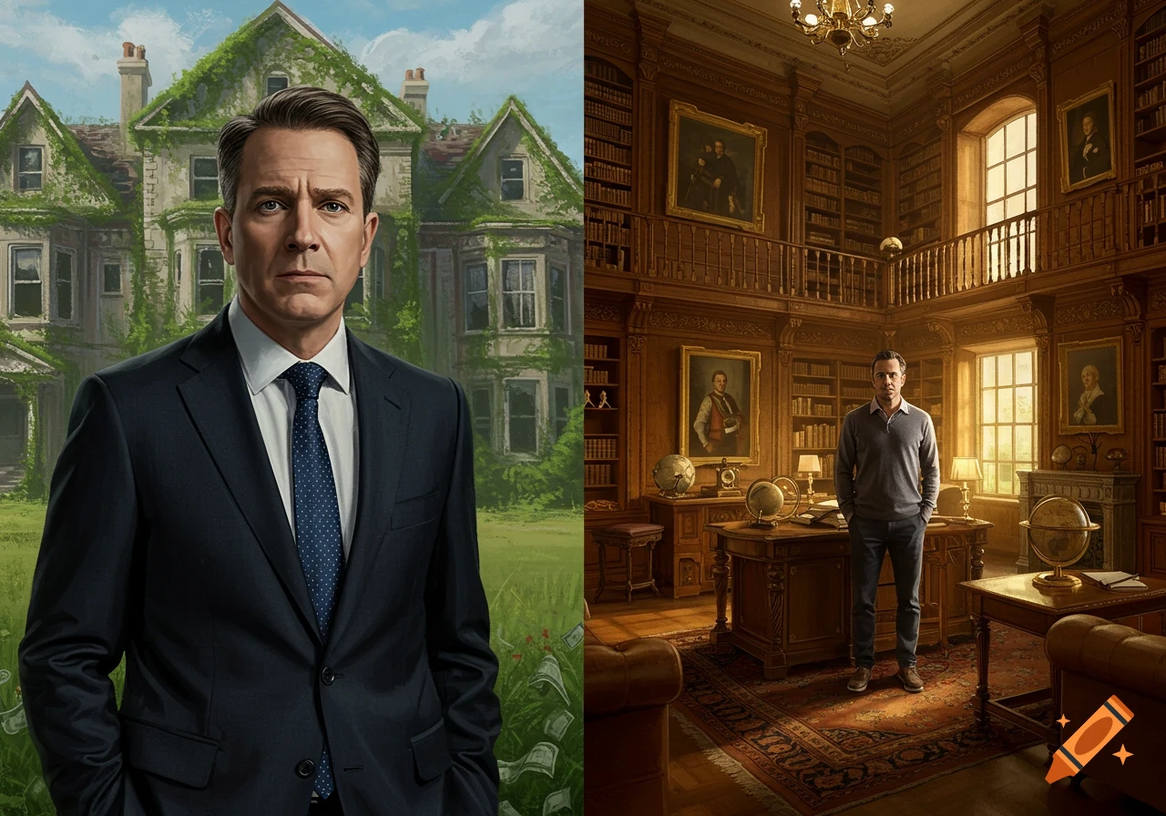 A split image showing two men. On the left, a man in a dark suit stands before an overgrown mansion with money scattered in the grass. On the right, a man in a grey polo stands in a grand, wood-paneled library with many bookshelves and paintings.