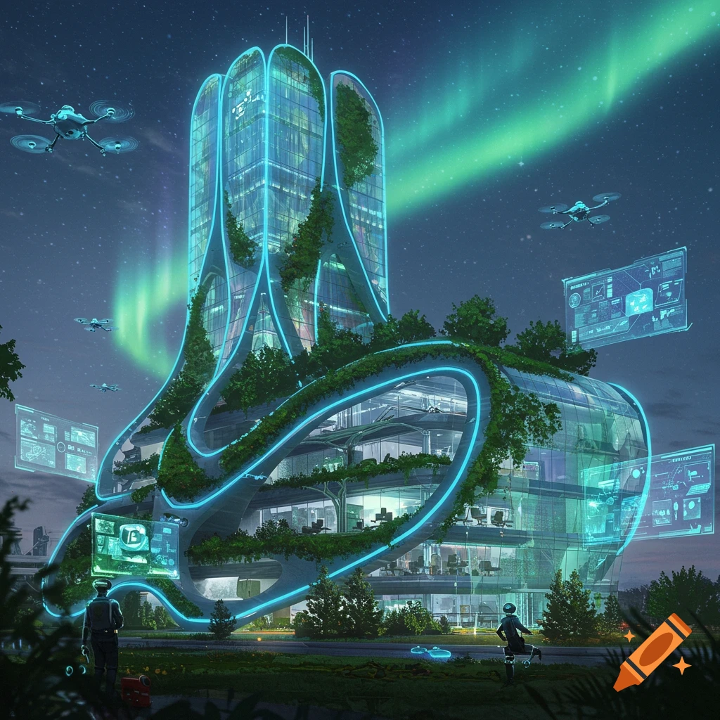 A futuristic glowing skyscraper with green foliage and blue neon lights under an aurora night sky, with drones.