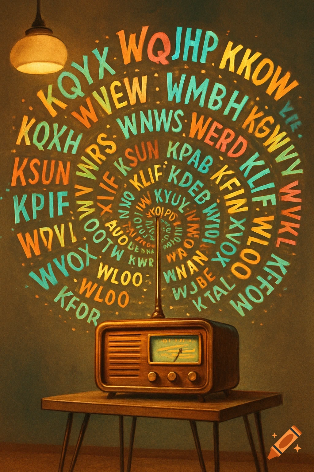 A vintage radio on a table, with colorful, spiraling radio call letters emanating from its antenna under a hanging lamp.