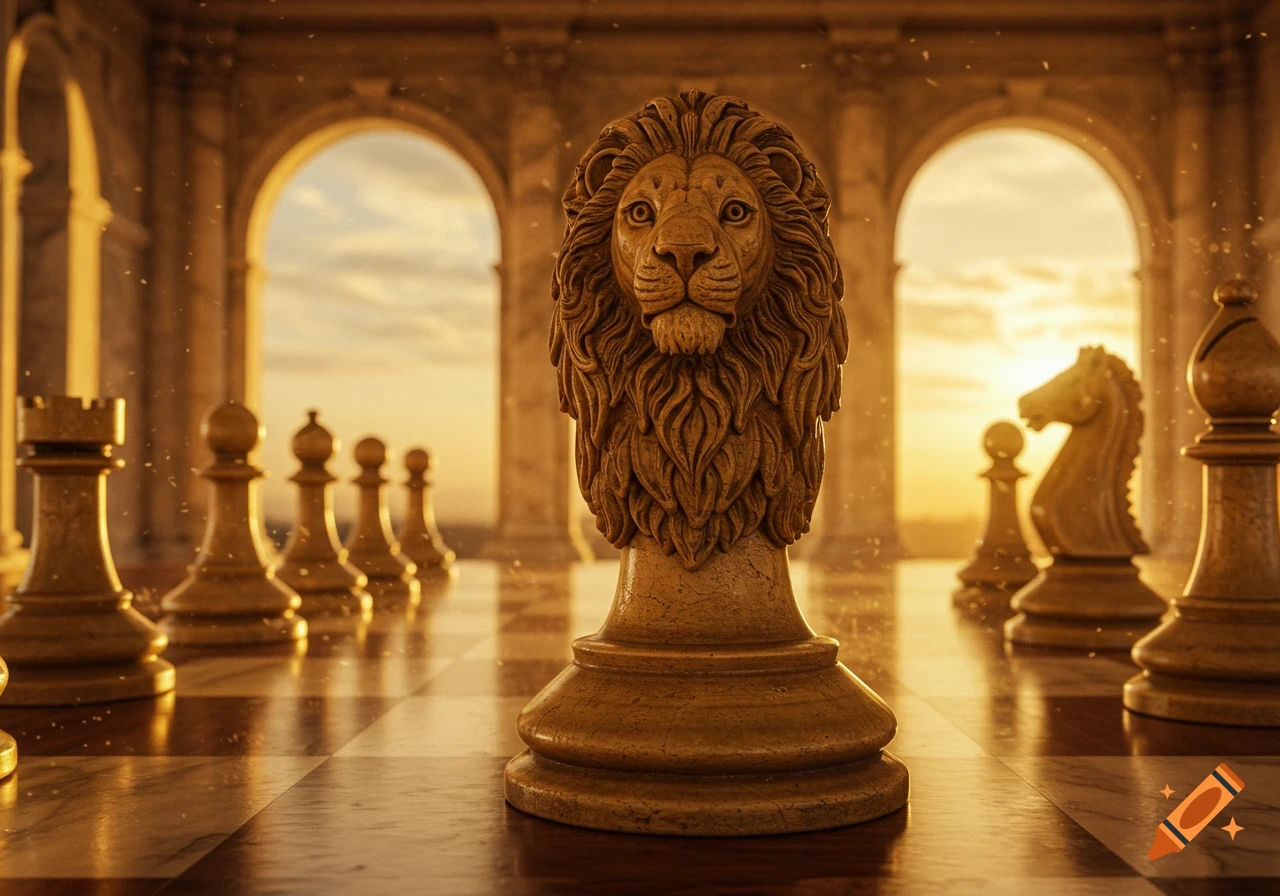 A golden lion head chess piece stands on a chessboard in a grand hall with arches, bathed in warm sunset light.