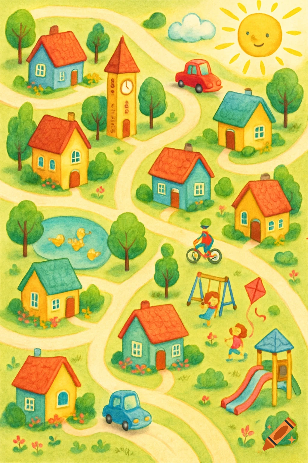 Whimsical watercolor map of a sunny neighborhood with colorful houses, roads, playground, pond, cars, and children playing.