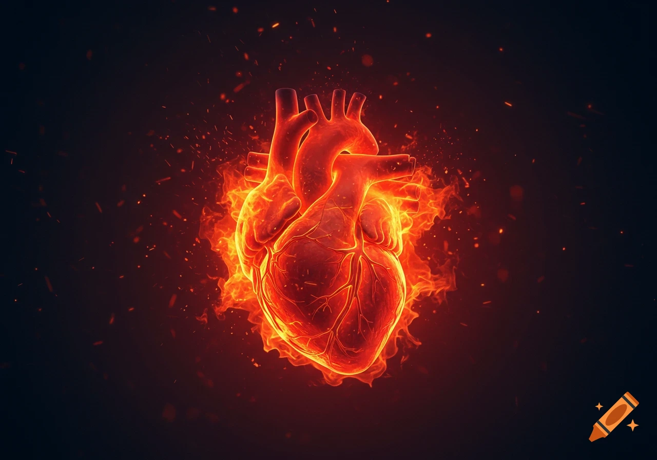 A stylized human heart, glowing red and engulfed in orange flames with flying embers against a dark background.