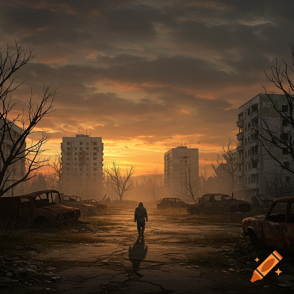A lone figure walks through a desolate, ruined city at sunset, with abandoned buildings and wrecked cars in a photorealistic style.