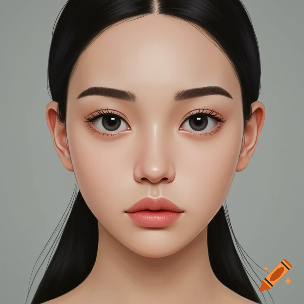 Close-up digital painting of a young woman's face with pale skin, dark hair, big dark eyes, and full pink lips.