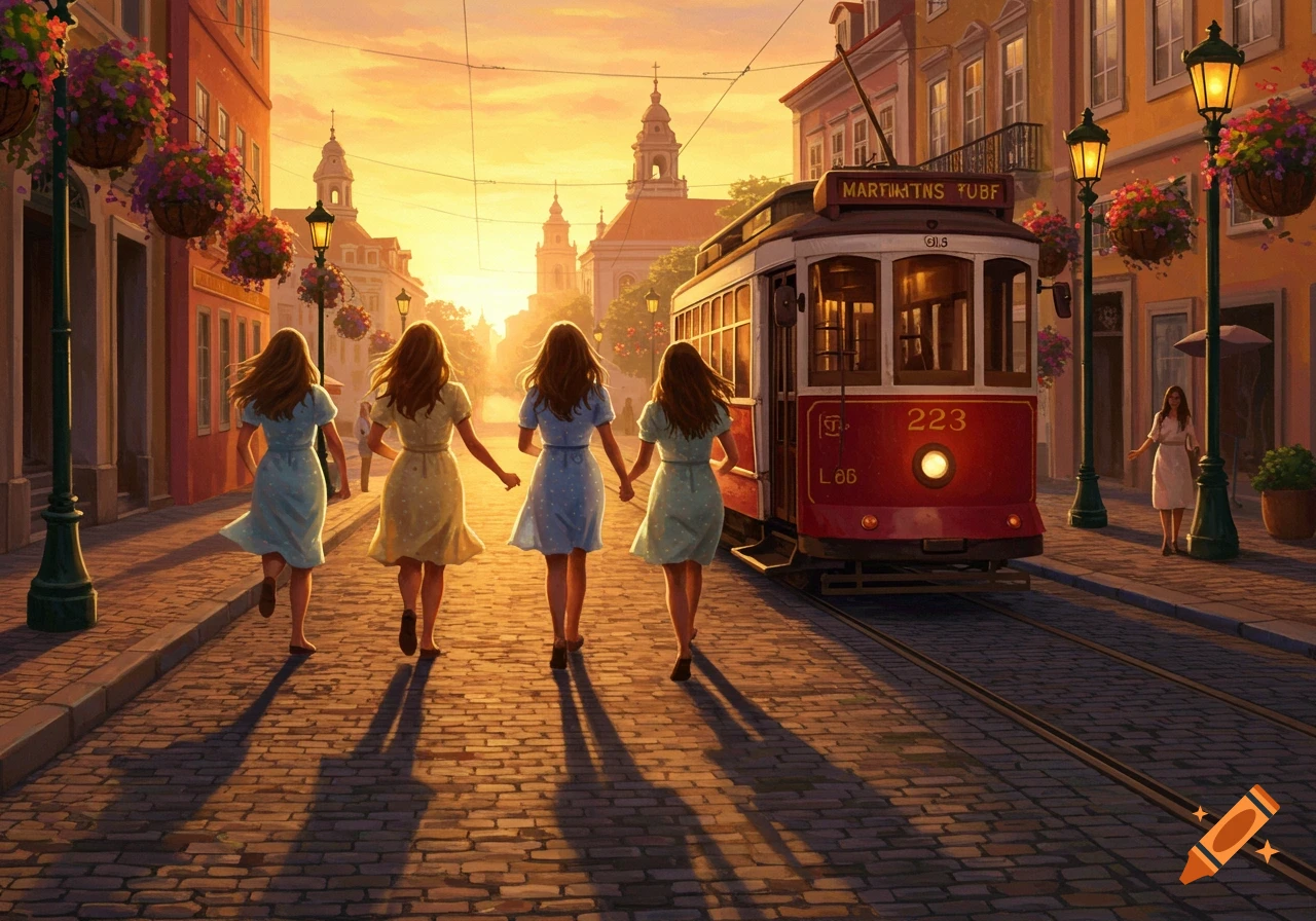 Four young women in dresses run hand-in-hand toward a red tram on a cobblestone street during sunset in a European-style city.