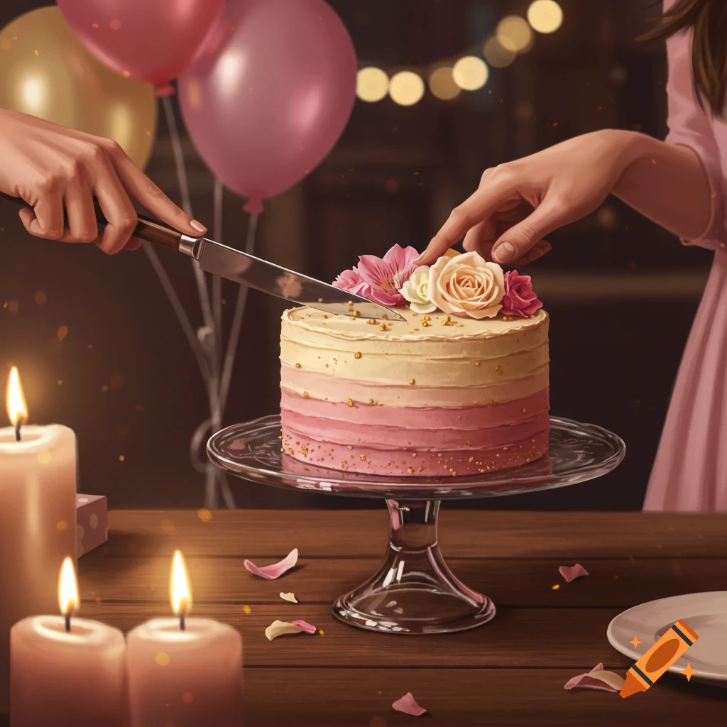 Hands cutting a pink and cream ombr birthday cake decorated with flowers, surrounded by lit candles and balloons.