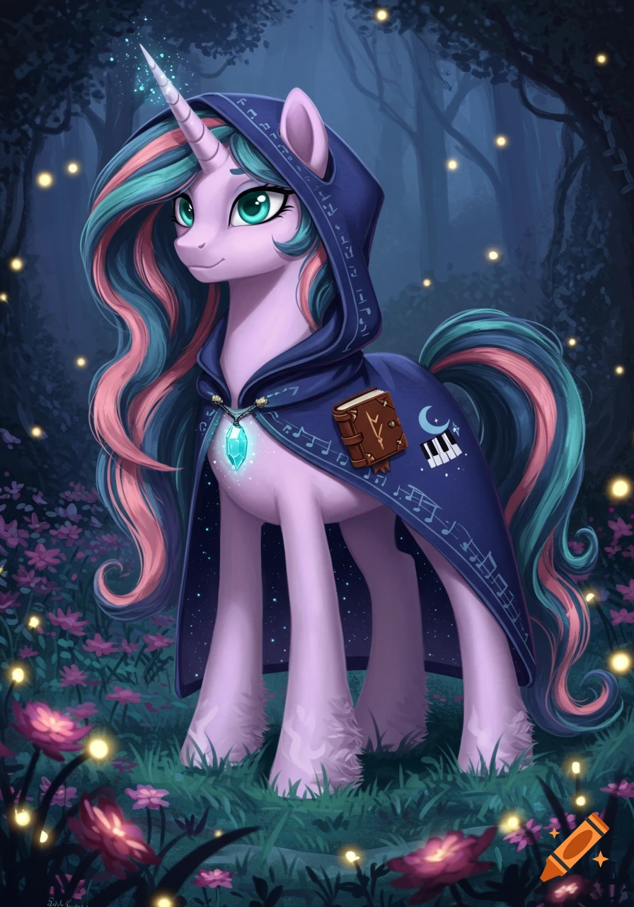 A magical unicorn pony in a hooded cloak stands in a moonlit forest with glowing flowers and lights.
