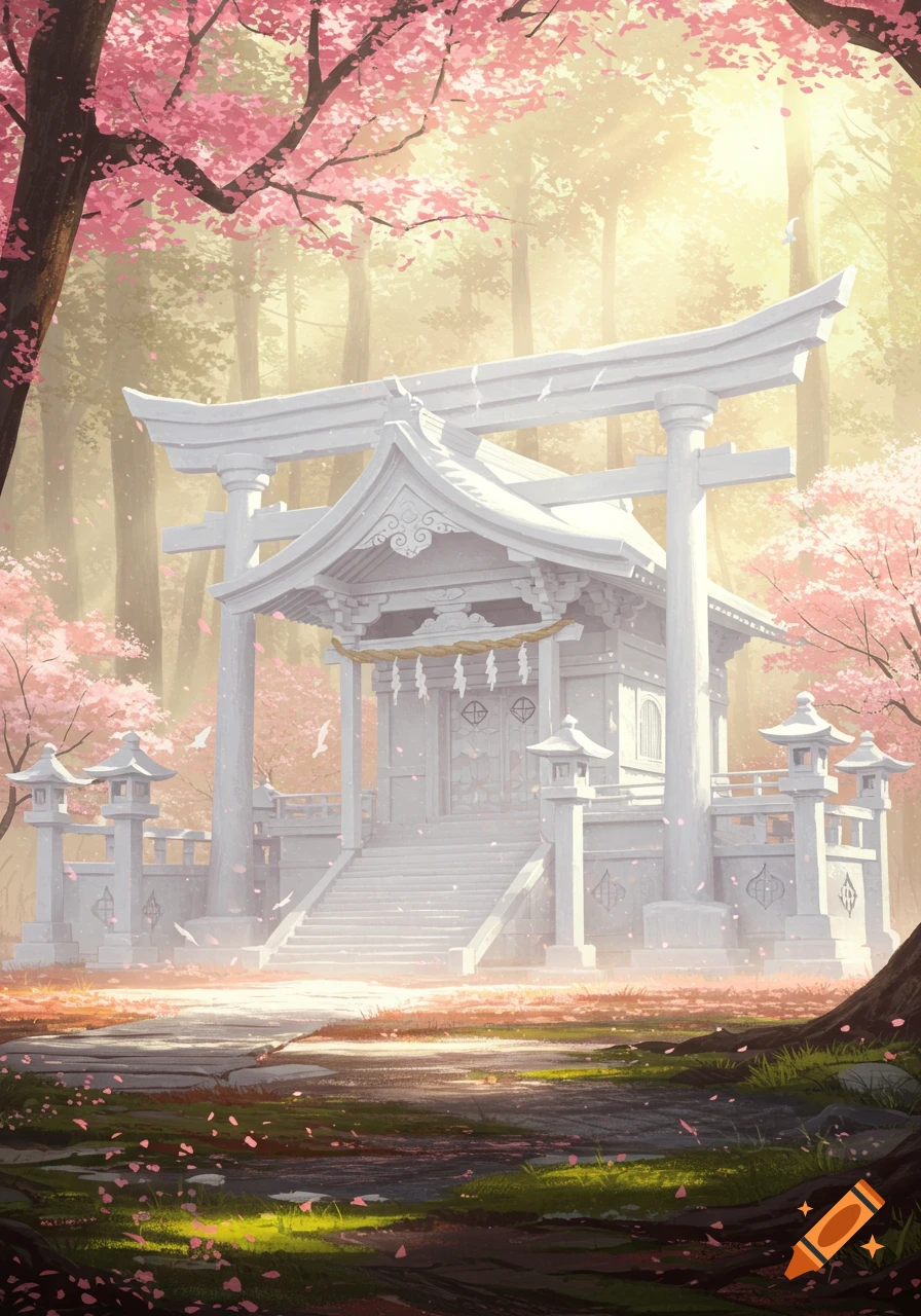 Digital painting of a white Japanese shrine and torii gate surrounded by pink cherry blossoms in a sunlit forest with falling petals.