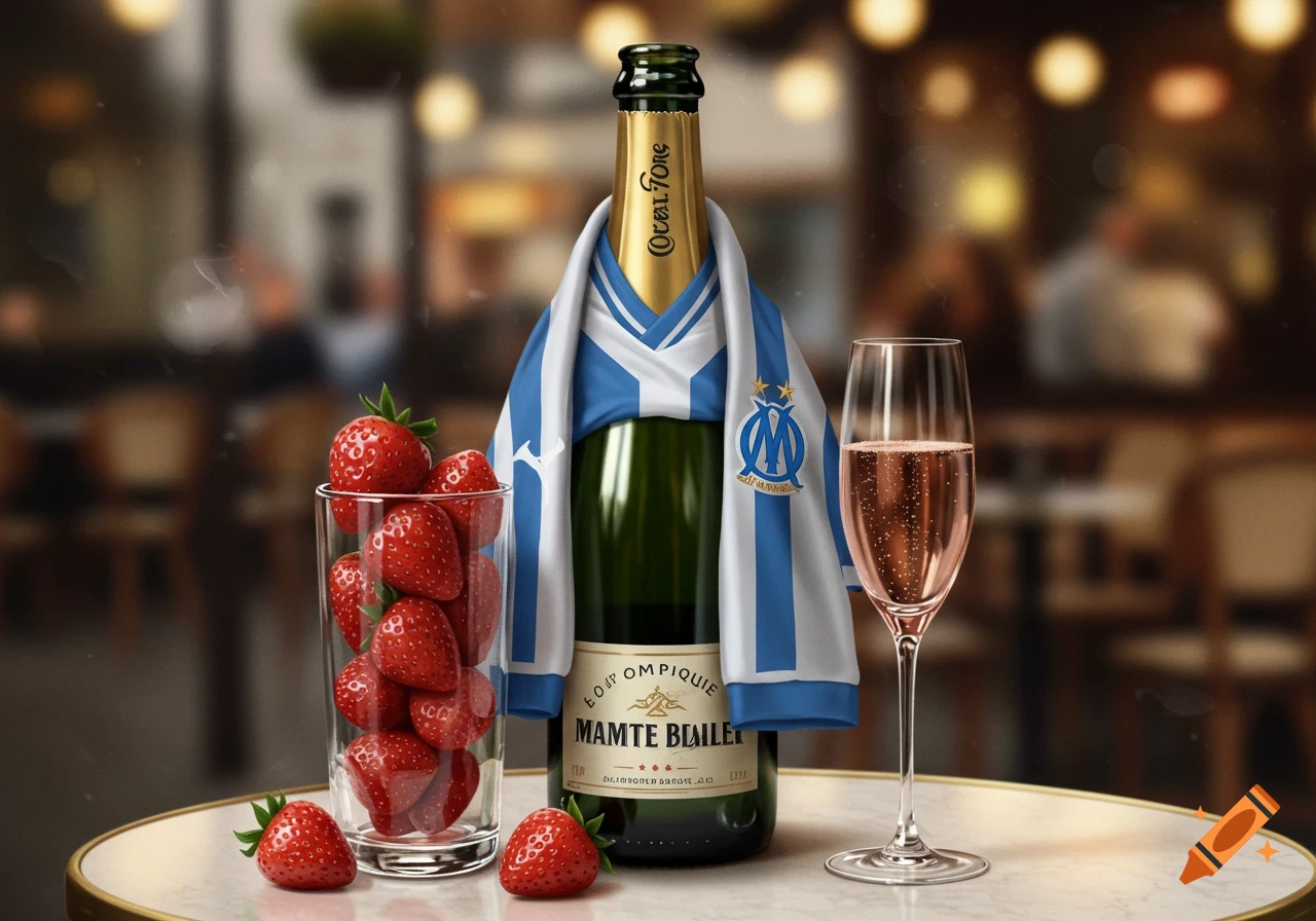 A champagne bottle draped with an Olympique de Marseille football jersey, next to a glass of rosé champagne and a glass of strawberries, on a table.