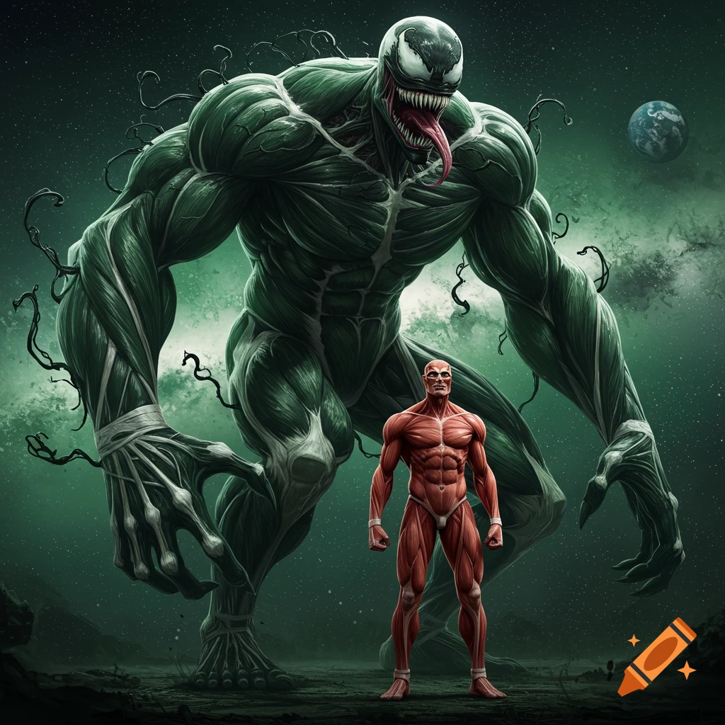 A colossal, muscular green creature resembling Venom stands on a desolate planet, dwarfing a smaller, anatomically detailed muscular human figure, with another planet in the dark green sky.
