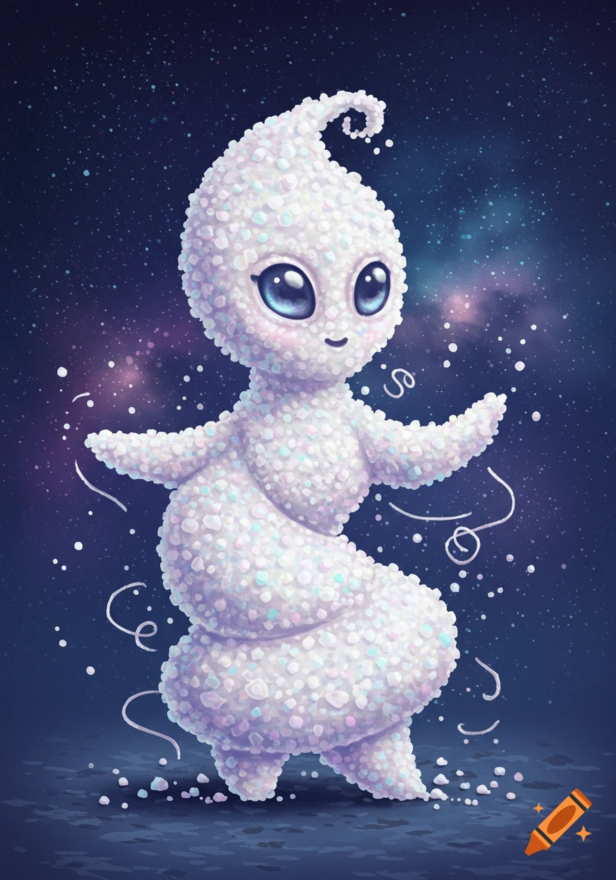 A cute, sparkly white alien creature with big blue eyes dances against a dark, starry space background.