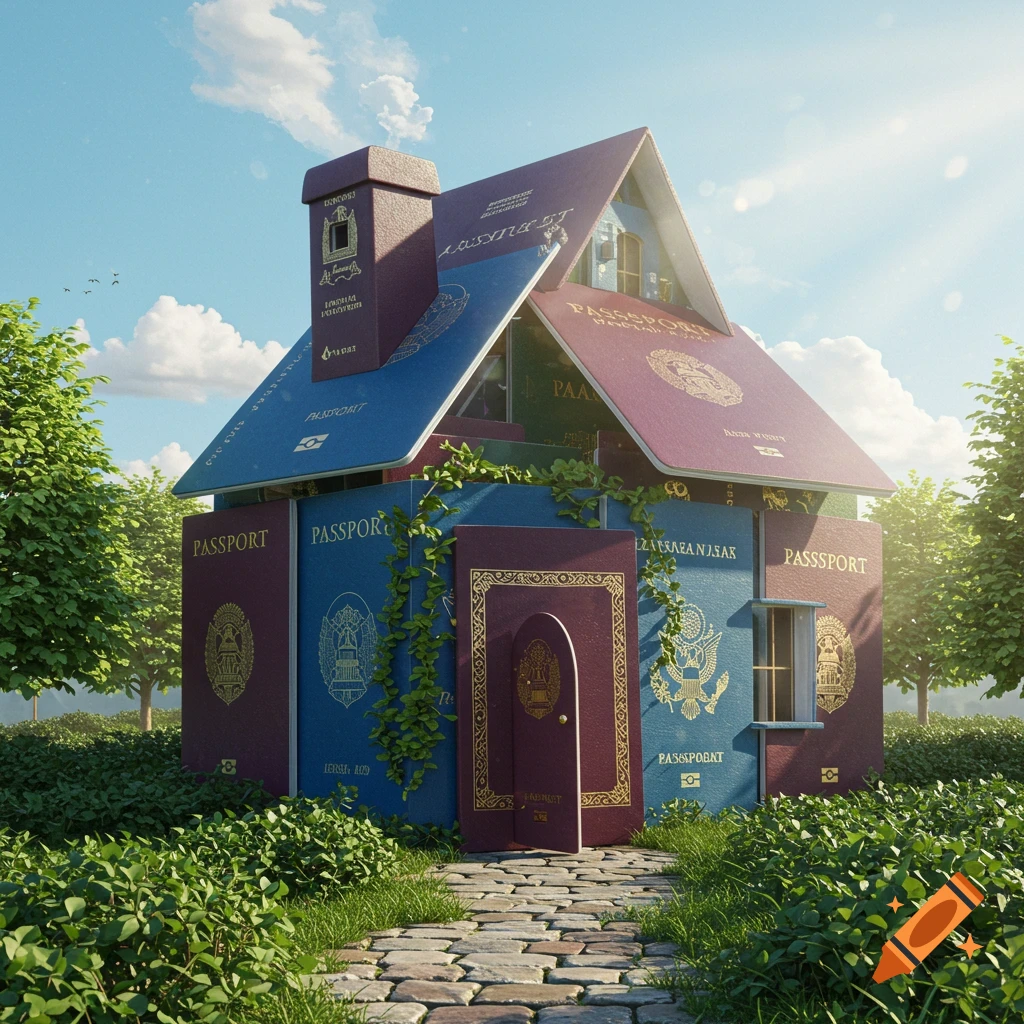 A whimsical house made entirely of blue and red passports, with a stone path leading to it, set in a sunny green garden.