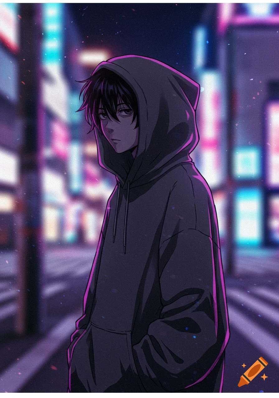 Anime illustration of a solemn guy in a dark hoodie standing on a neon-lit city street at night.