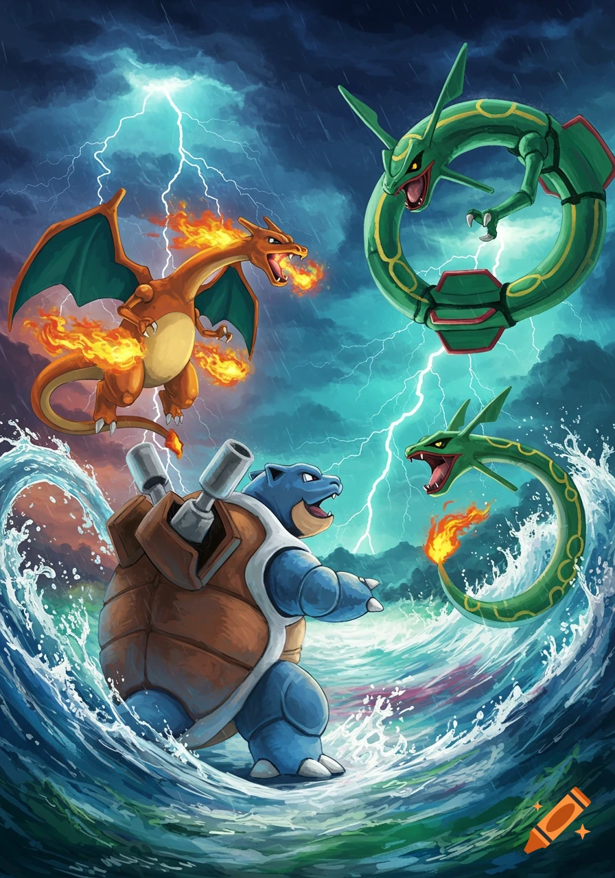 Charizard, Blastoise, and Rayquaza battle amidst a stormy sky with lightning and crashing waves in a dynamic illustration.