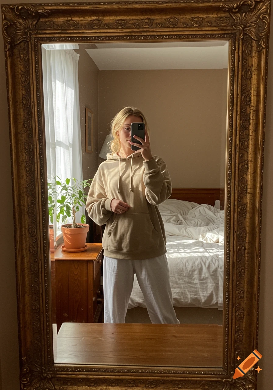 A blonde girl in an oversized light brown hoodie and white pajama pants takes a mirror selfie in her bedroom.