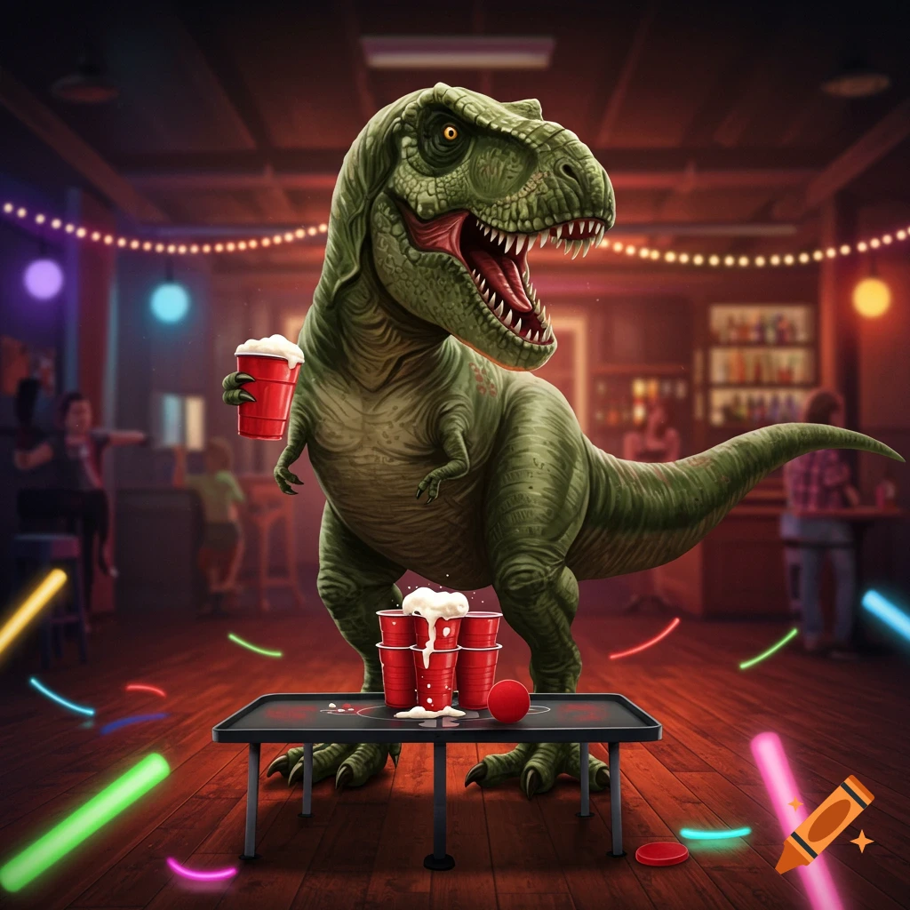 A cartoon Tyrannosaurus Rex in a dimly lit bar plays beer pong, holding a red cup with foam, next to a table with more red cups and a ping pong ball, with neon glow sticks on the floor.