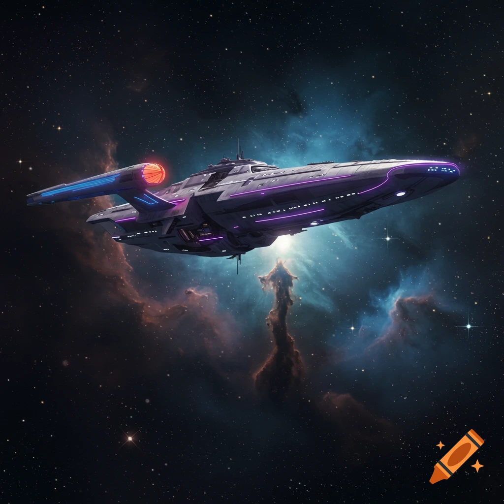 A sleek, futuristic starship with purple and blue lights cruises through a vibrant nebula in deep space.