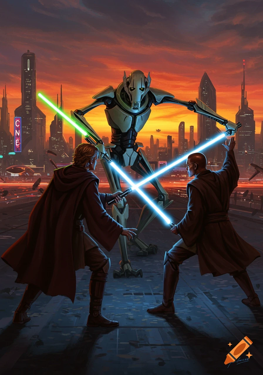 General Grievous battles Anakin Skywalker and Mace Windu with lightsabers on a futuristic Coruscant cityscape at sunset, in a detailed illustrative style.