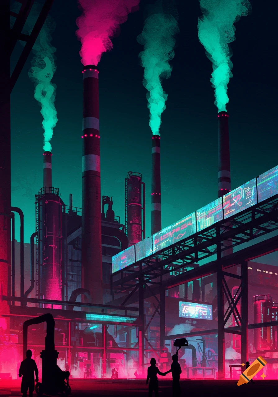 Stylized cyberpunk factory at night with neon pink and green lights, emitting smoke from tall chimneys, and silhouettes of people below.