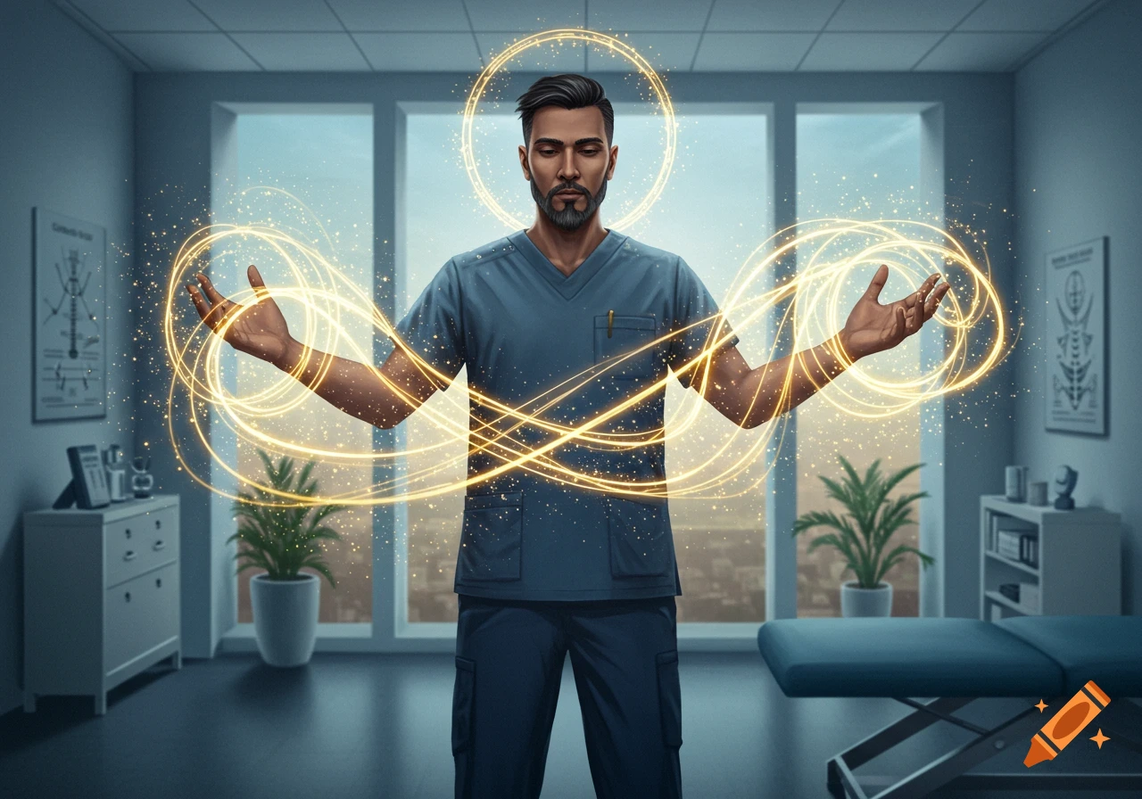 A man in medical scrubs with glowing golden magical energy around his hands and head, standing in a medical office.