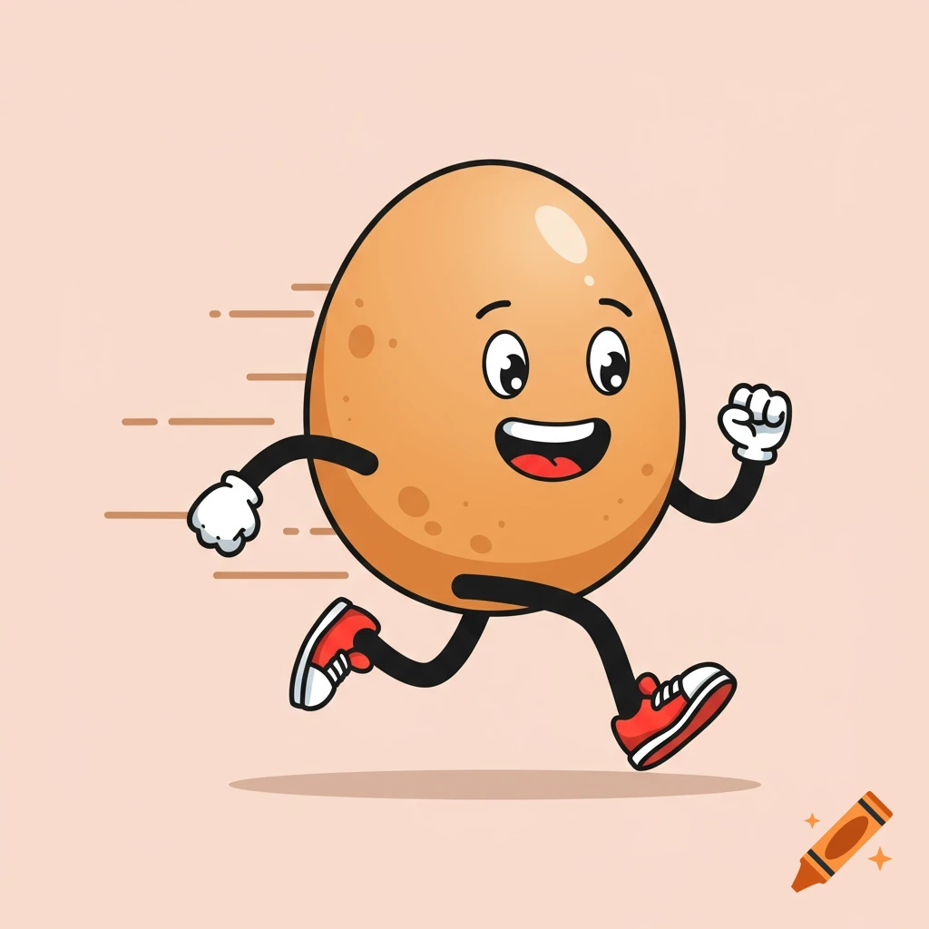 A cute cartoon egg character with a big happy smile runs fast, wearing red and white sneakers, on a simple light background.