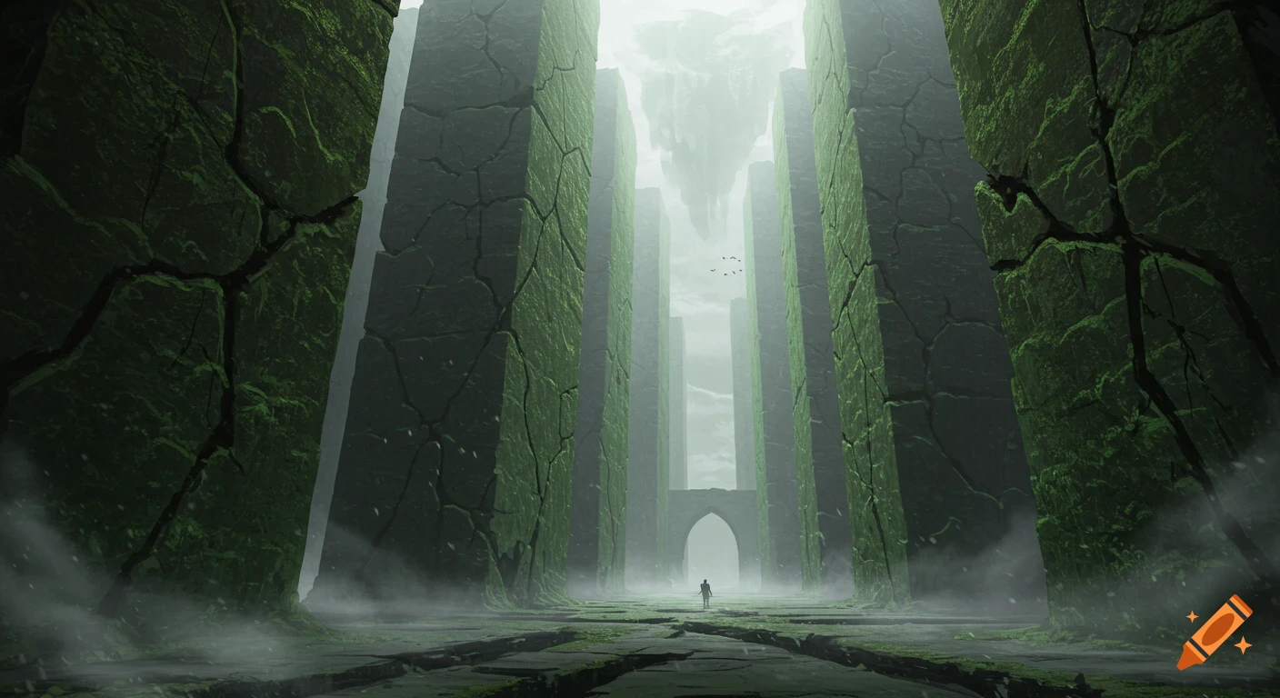 A lone figure walks through a vast, ominous stone maze with towering, moss-covered walls, misty ground, and a distant archway.