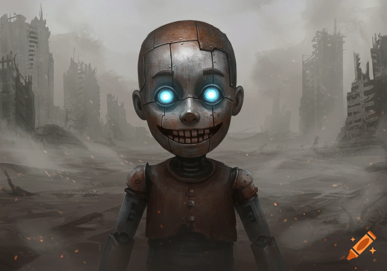 A rusty robot boy with glowing blue eyes and an evil smile in a dark, post-apocalyptic ruined city, dystopian art style.