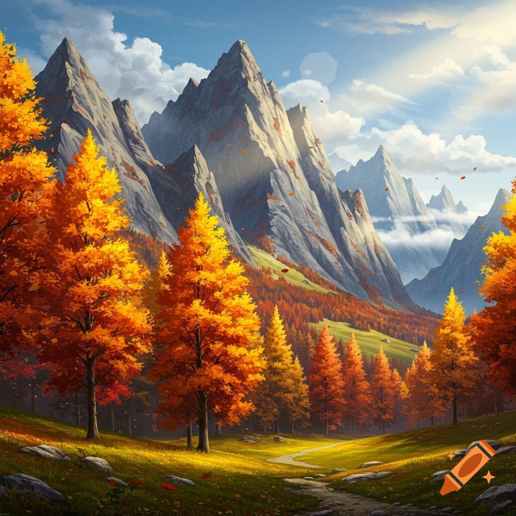 Vibrant autumn landscape with majestic gray mountains, a valley of orange and yellow trees, and a winding path under a bright sky.