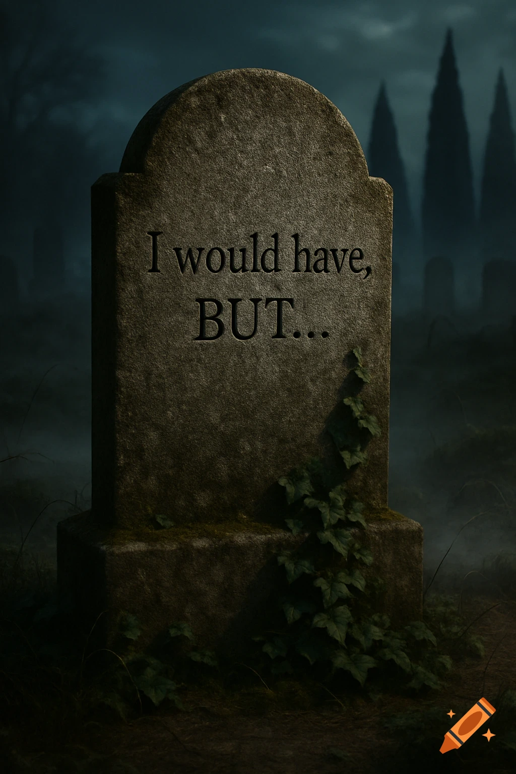 A dark, misty graveyard scene with a prominent tombstone in the foreground. The tombstone reads, 'I would have, BUT …'. Ivy creeps up its base.