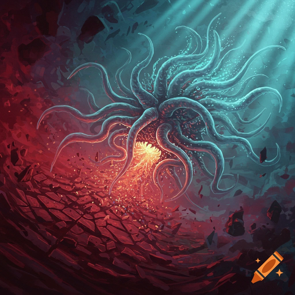 A glowing blue tentacled eldritch creature with an orange core hovers over red cracked ground, illuminated by mystical light.