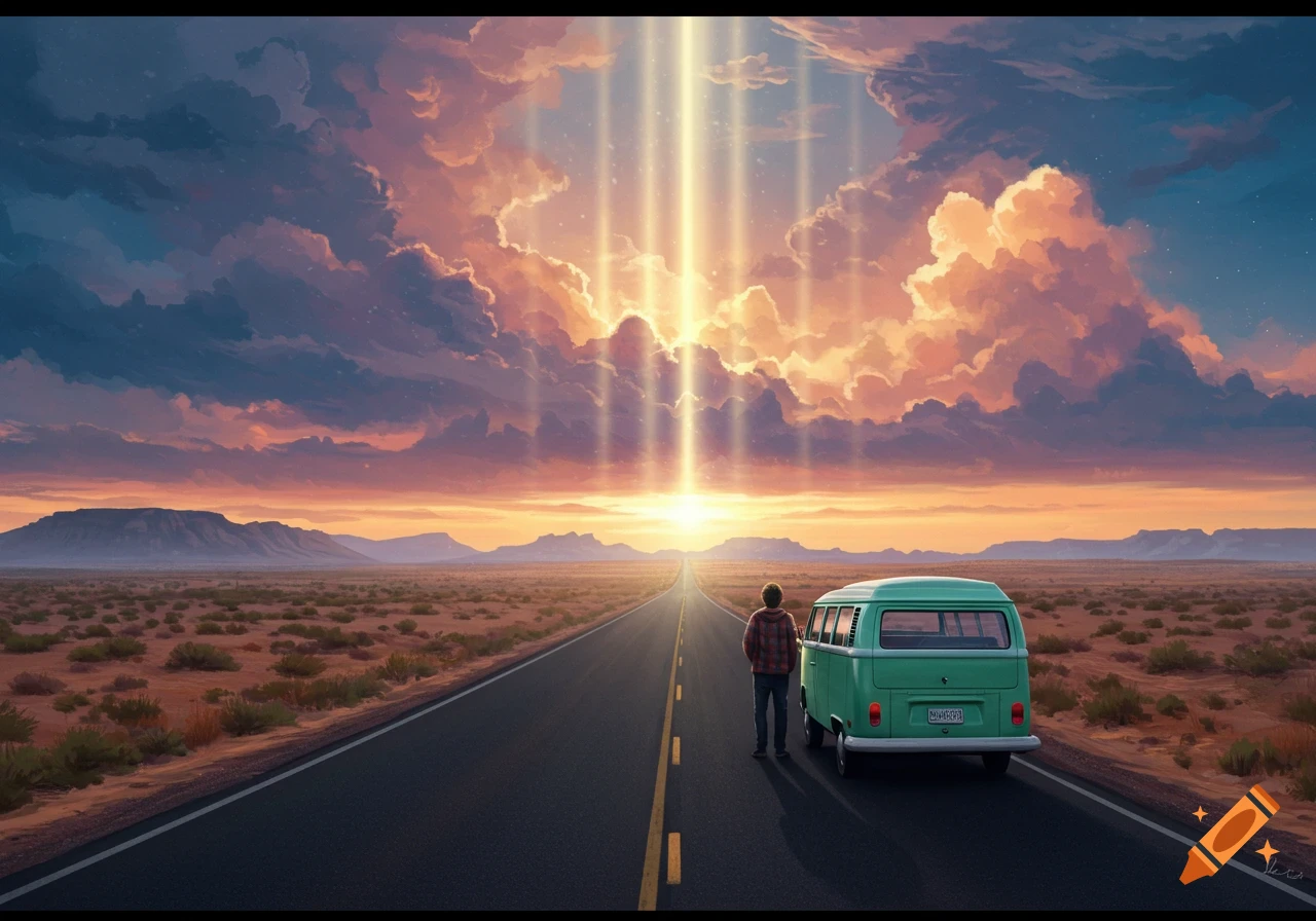 A person stands by a green vintage van on a desert road, looking towards a dramatic sunset with light beams piercing through the clouds.