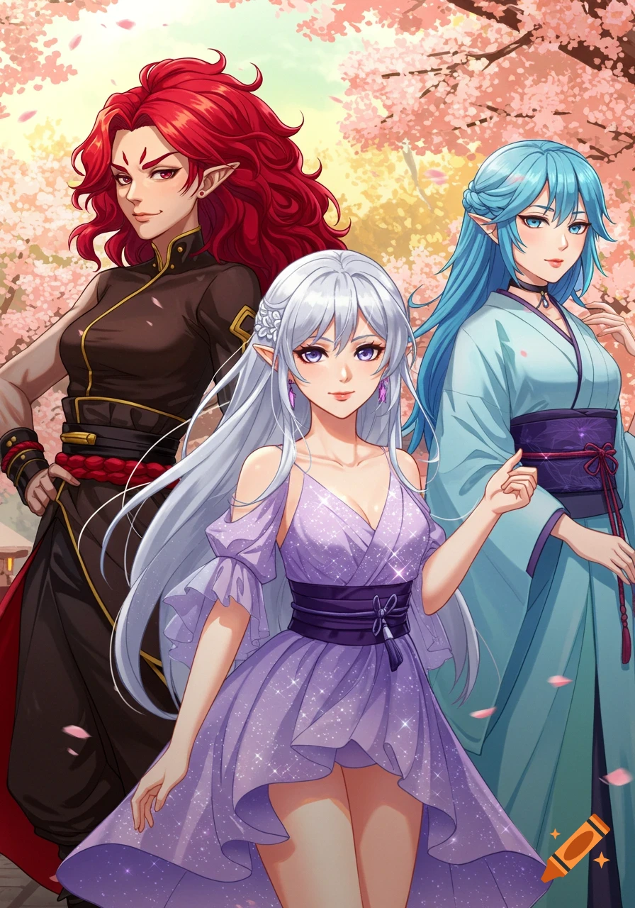 Three anime elf women with red, white, and blue hair in fantasy outfits stand under pink cherry blossoms.