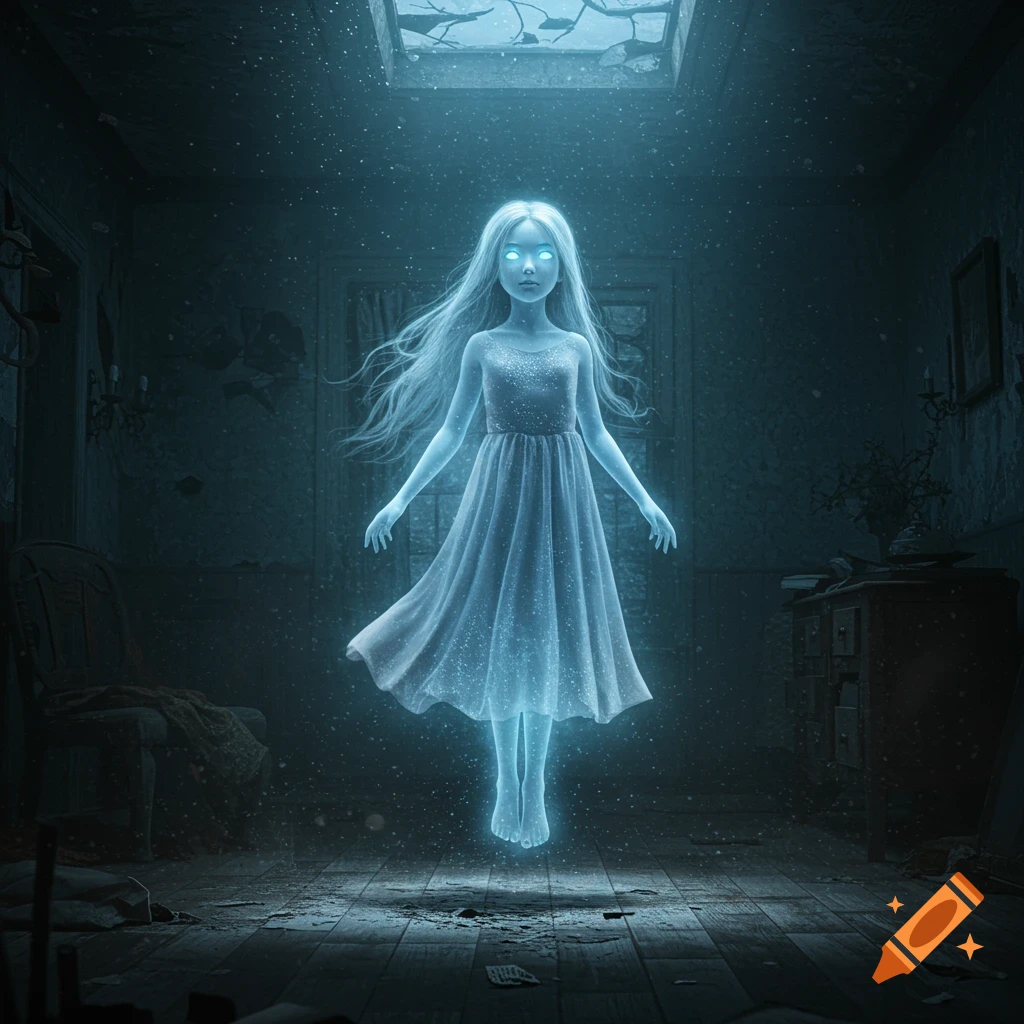 A glowing blue ghost of a young girl with long hair floats in a dark, abandoned room, illuminated by a broken skylight.