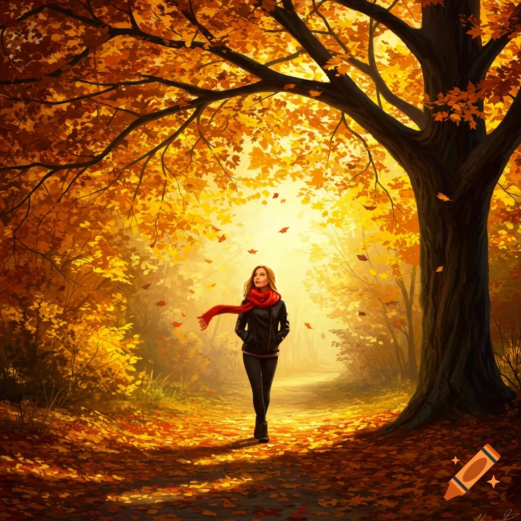 A woman in a red scarf and black jacket walks on an autumn path under a large tree with golden leaves, digital art.