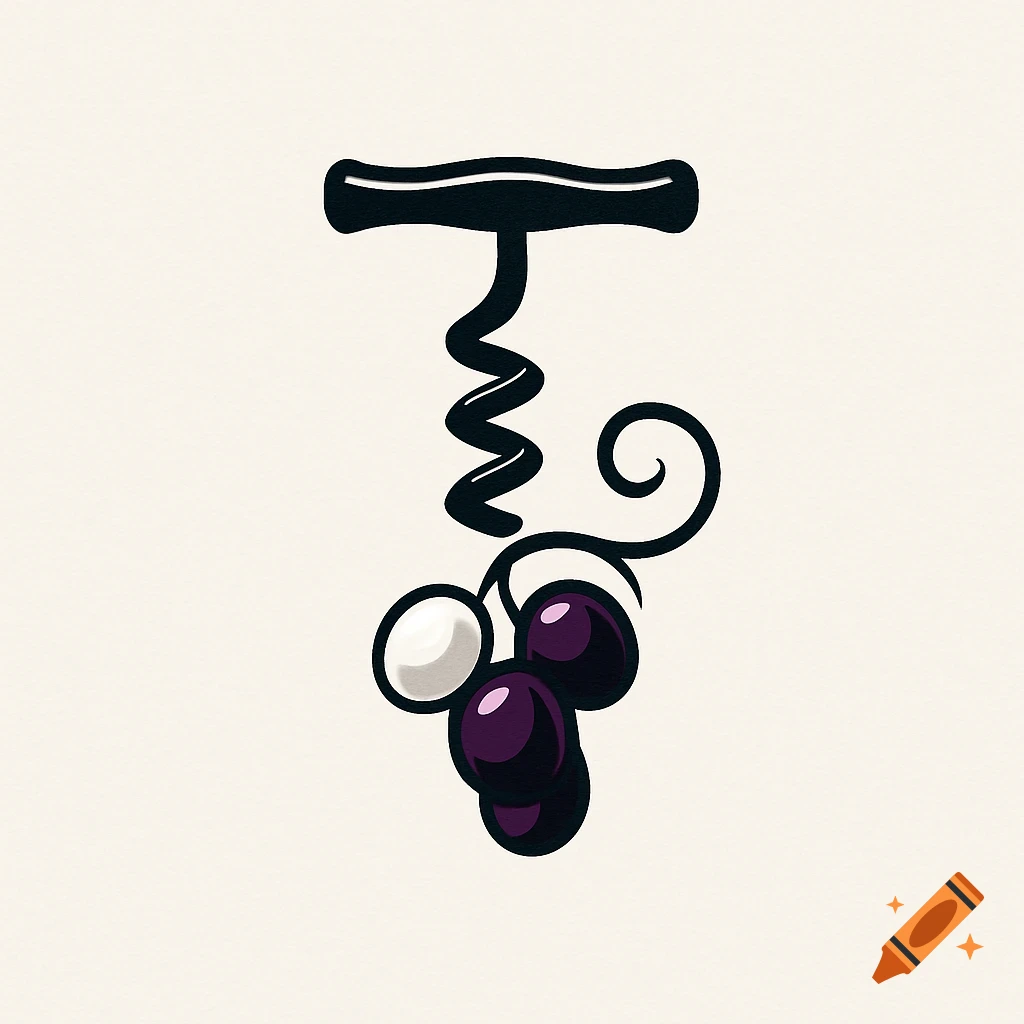 Stylized logo of a black corkscrew with purple and white grapes hanging from its spiral, on a light background.