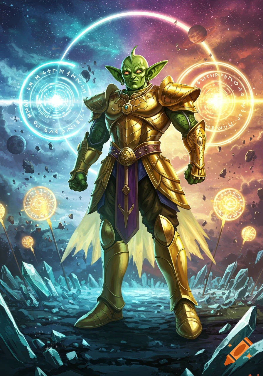 A green-skinned, goblin-like warrior in ornate gold armor stands amidst glowing crystals and space debris, with two large magical rings glowing blue and orange around him.