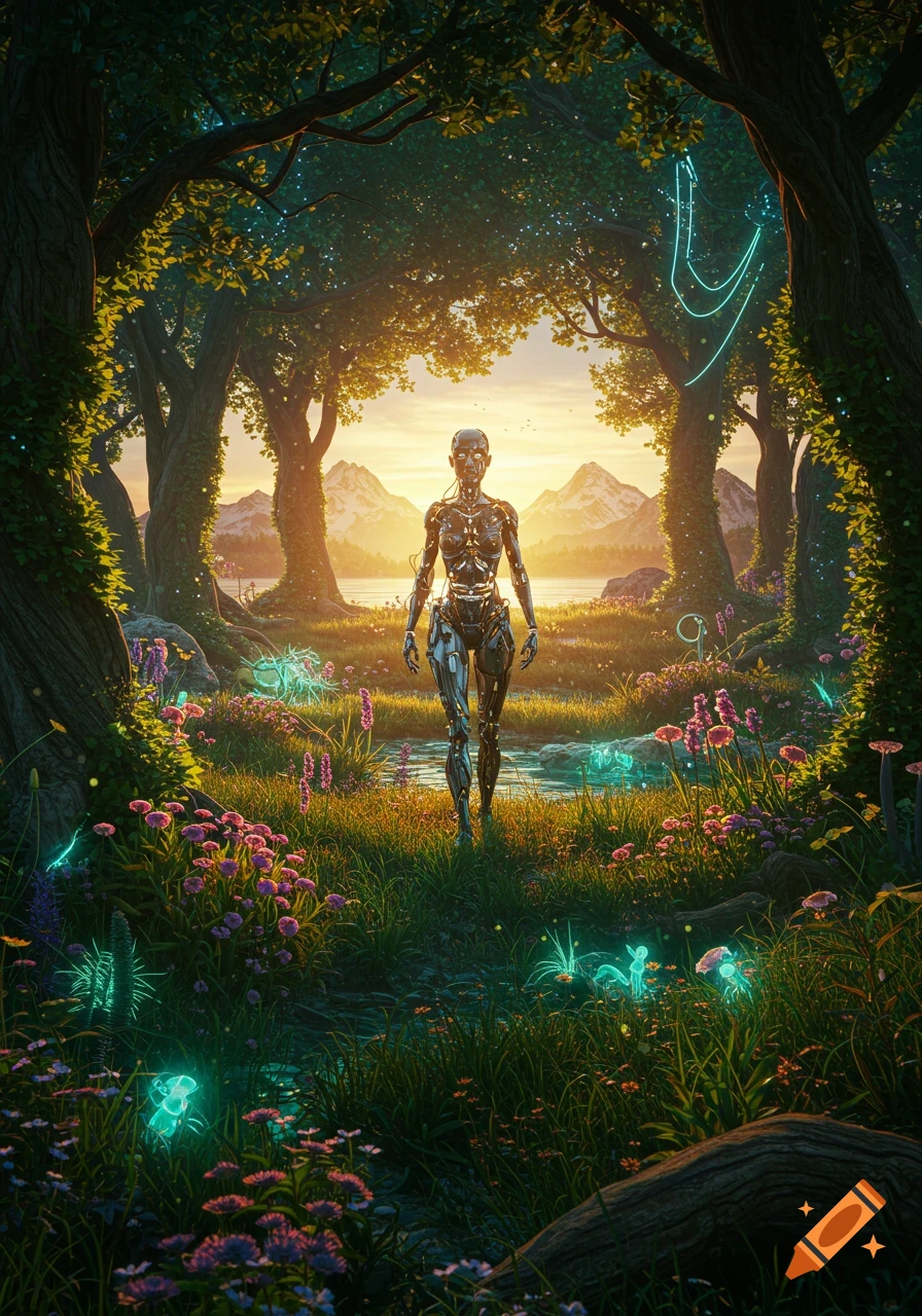 A photorealistic image of a metallic cyborg walking through a lush, glowing biopunk forest at sunset.