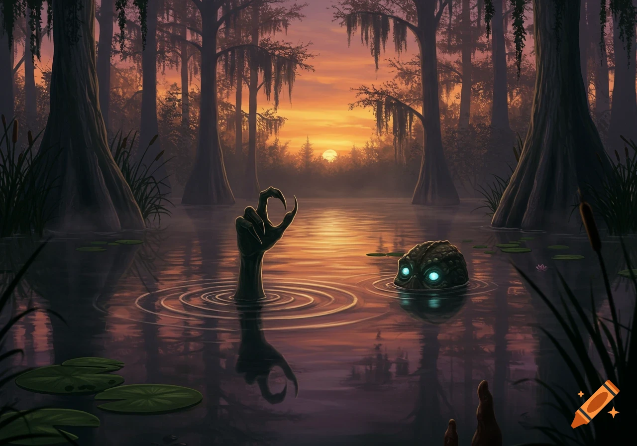 A stylized monster hand makes an 'O' gesture out of dark swamp water next to a monster head with glowing eyes, set against a sunset over cypress trees.