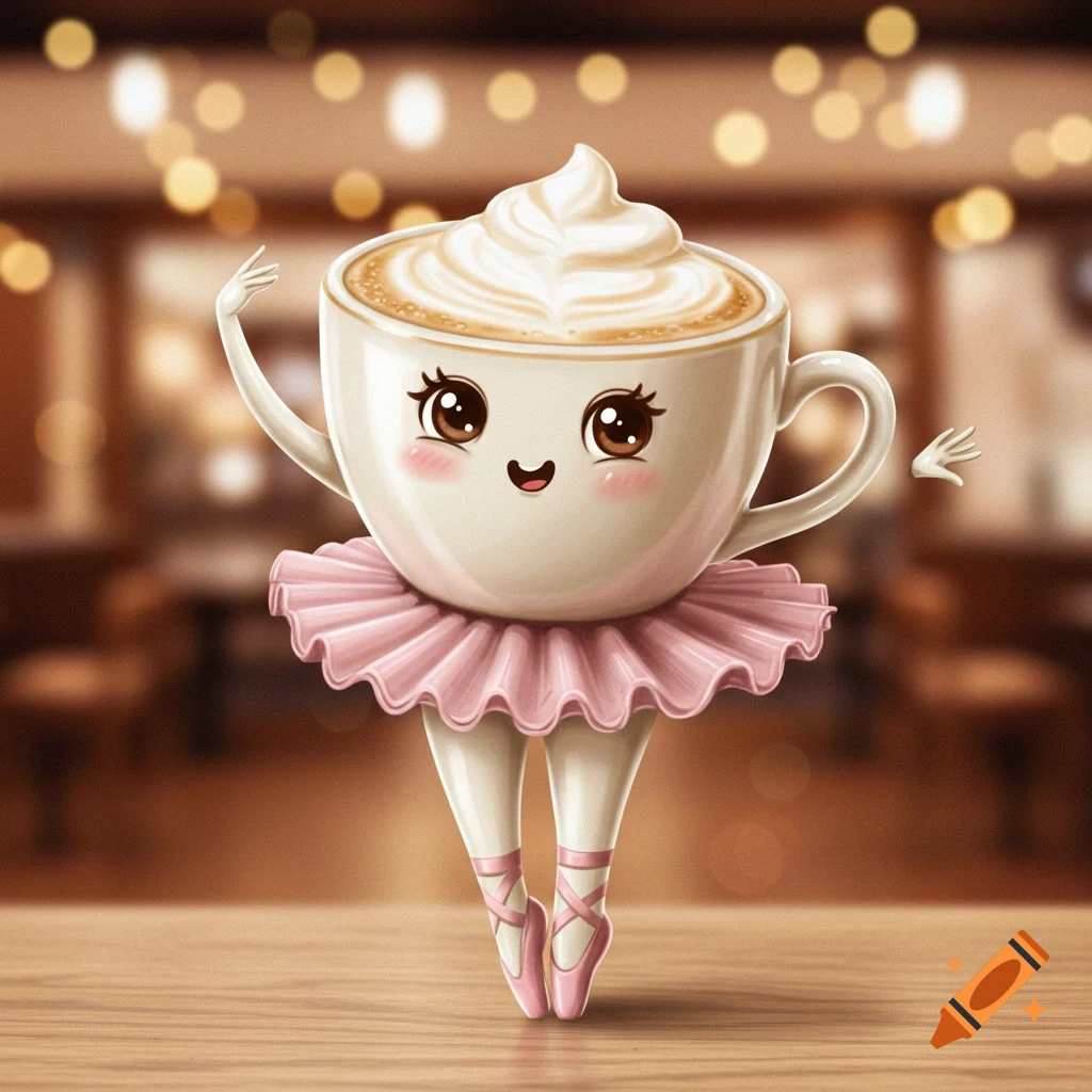 A cute, cartoon cappuccino cup with whipped cream and a happy face wears a pink tutu and ballet shoes, standing in a cafe.