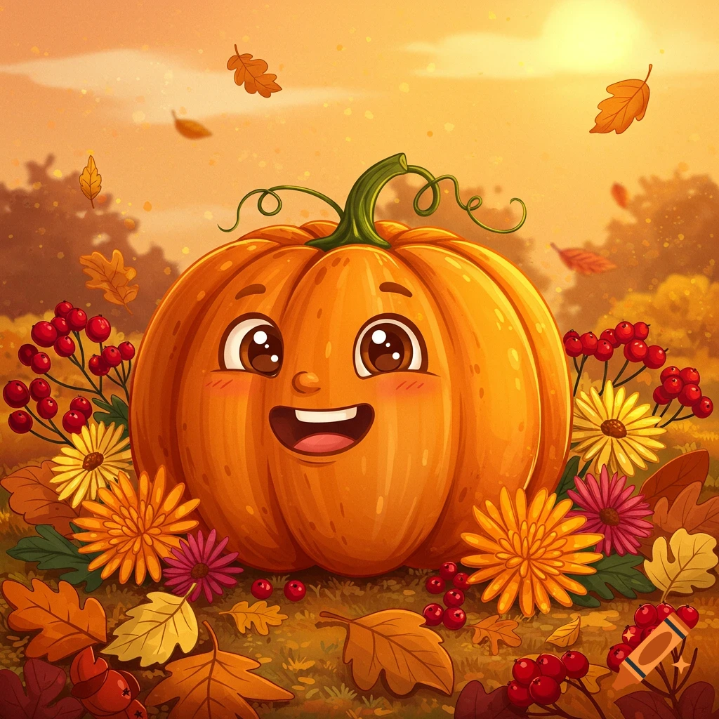 A cute cartoon pumpkin with a happy face is surrounded by colorful autumn leaves and flowers under a sunny sky.