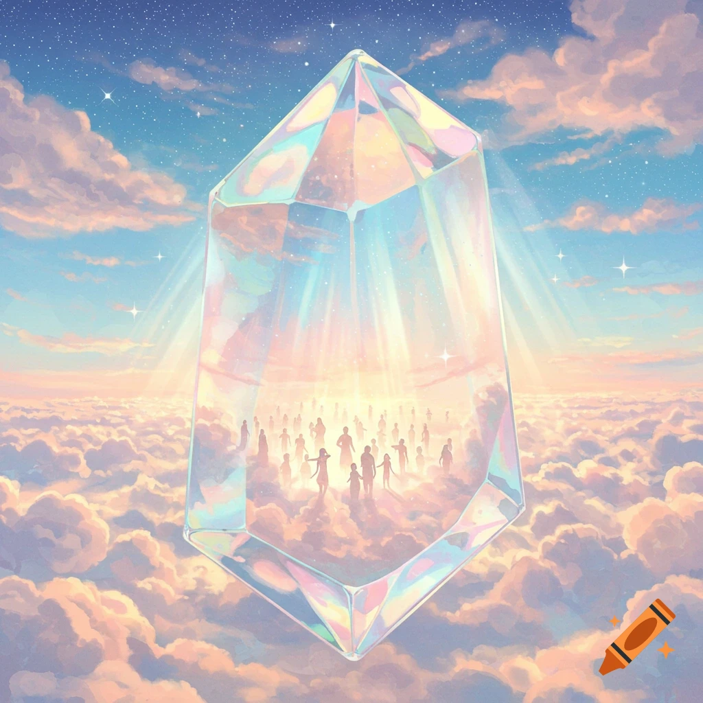 A large iridescent crystal prism containing tiny human silhouettes floats above pastel clouds under a starry, ethereal sky.