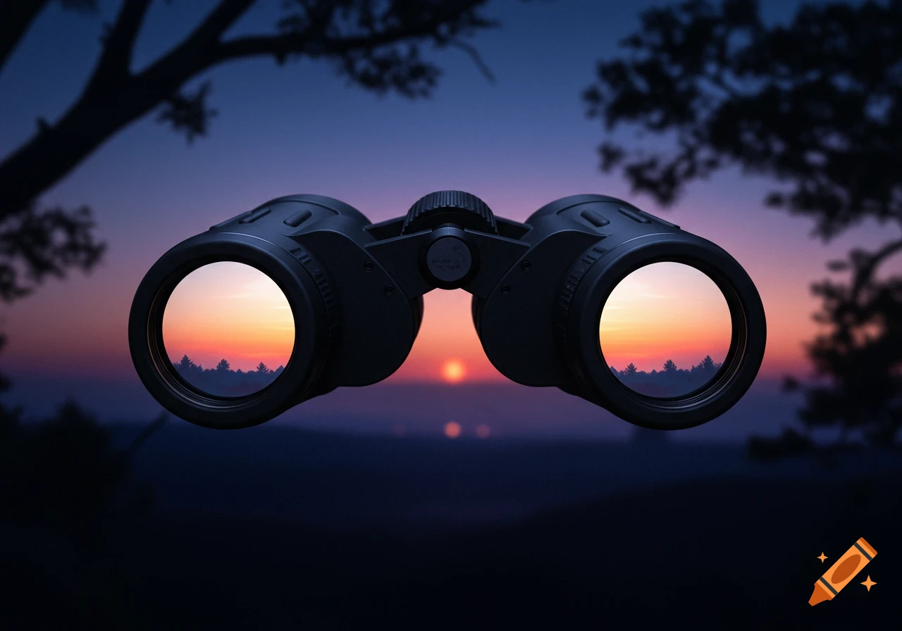 Black binoculars frame a vibrant orange and purple sunset over a distant forest, with a twilight sky in the background.